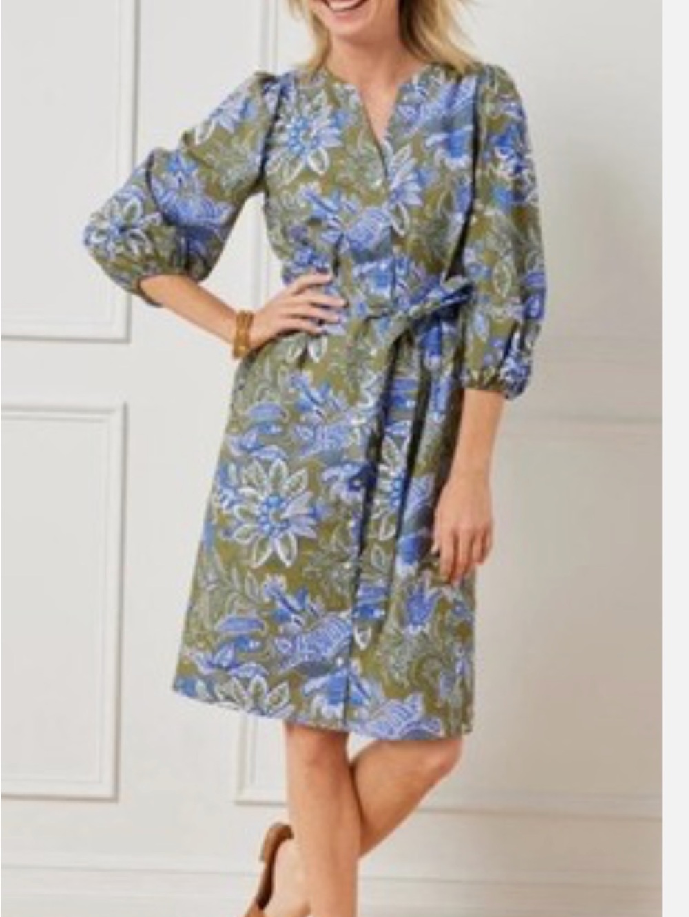 NWOT Talbots Women's Size 2 Green Floral Cotton Crew Neck Belted Shirt Dress